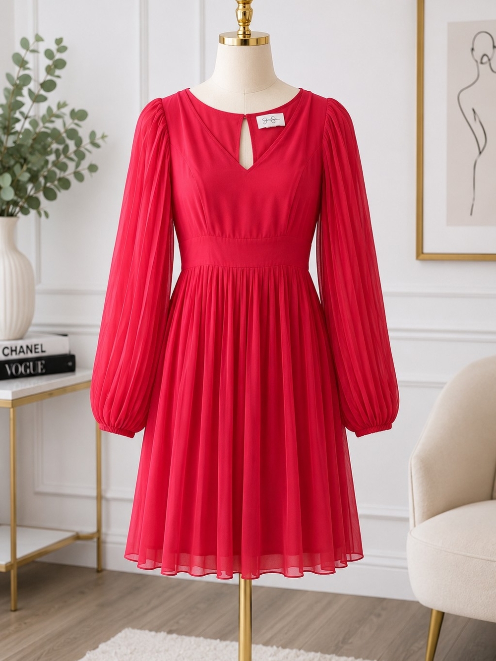 Jessica Simpson Coral Pink Pleated Chiffon Mini Dress | Long Sleeve V-Neck